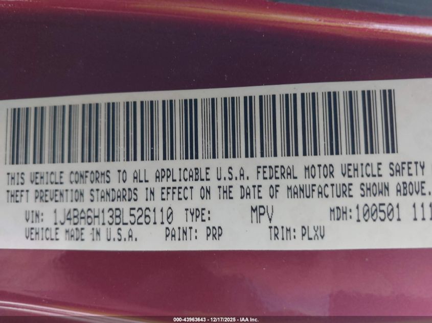 2011 Jeep Wrangler Unlimited Rubicon VIN: 1J4BA6H13BL526110 Lot: 43963643