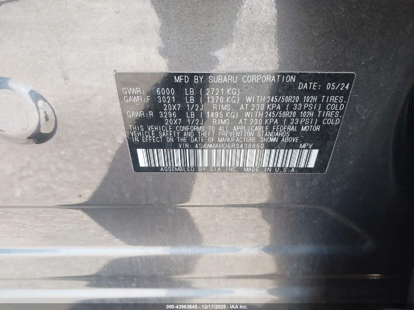 2024 Subaru Ascent Onyx Edition 7-Passenger VIN: 4S4WMAHD6R3438850 Lot: 43963645