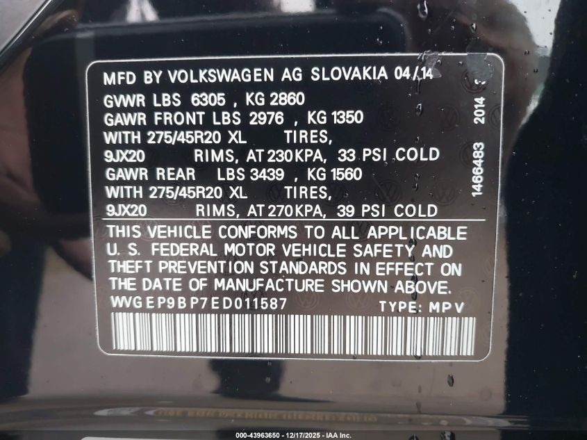 2014 Volkswagen Touareg Tdi Executive VIN: WVGEP9BP7ED011587 Lot: 43963650