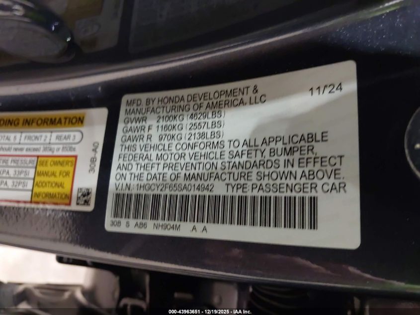 2025 Honda Accord Hybrid Ex-L VIN: 1HGCY2F65SA014942 Lot: 43963651