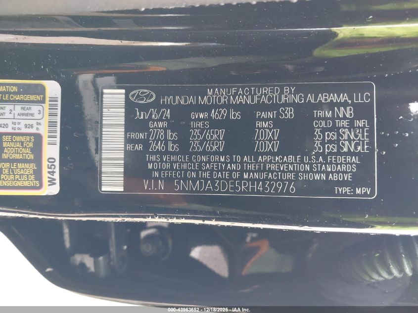 2024 Hyundai Tucson Se VIN: 5NMJA3DE5RH432976 Lot: 43963652