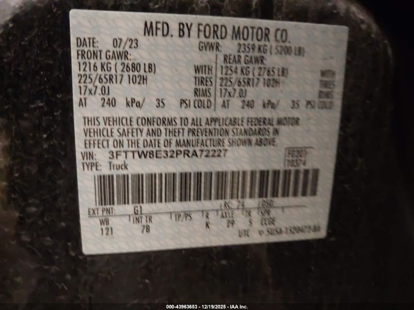 2023 Ford Maverick Xlt VIN: 3FTTW8E32PRA72227 Lot: 43963653