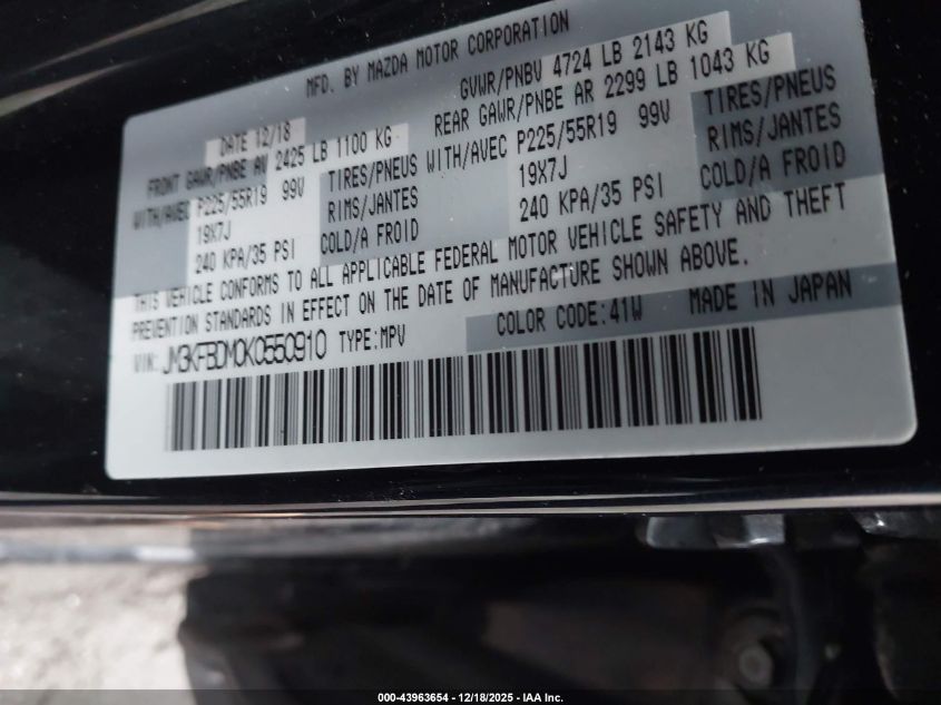 2019 Mazda Cx-5 Grand Touring VIN: JM3KFBDM0K0550910 Lot: 43963654