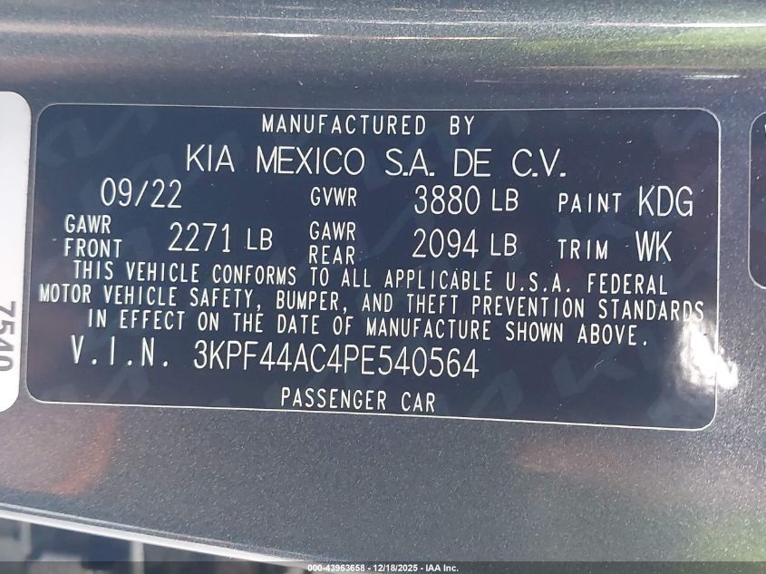 2023 Kia Forte Gt Manual VIN: 3KPF44AC4PE540564 Lot: 43963658