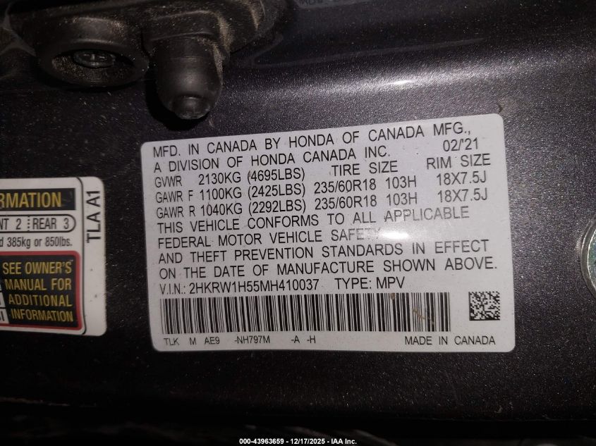 2021 Honda Cr-V 2Wd Ex VIN: 2HKRW1H55MH410037 Lot: 43963659