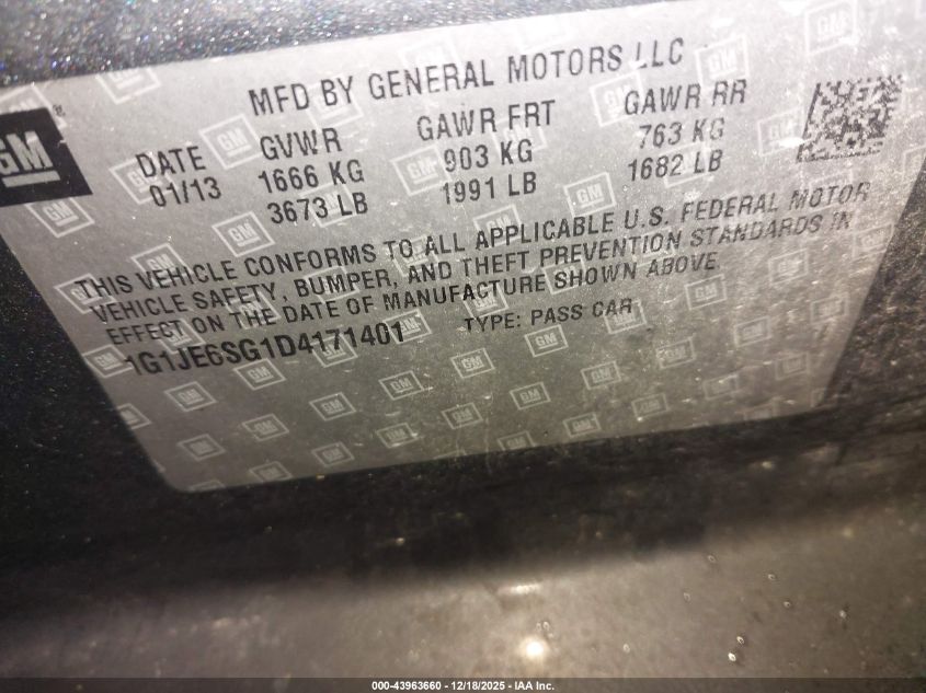 2013 Chevrolet Sonic Ltz Auto VIN: 1G1JE6SG1D4171401 Lot: 43963660