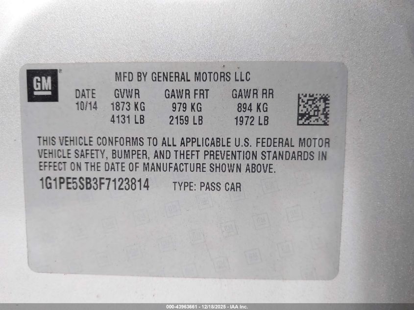 2015 Chevrolet Cruze 2Lt Auto VIN: 1G1PE5SB3F7123814 Lot: 43963661