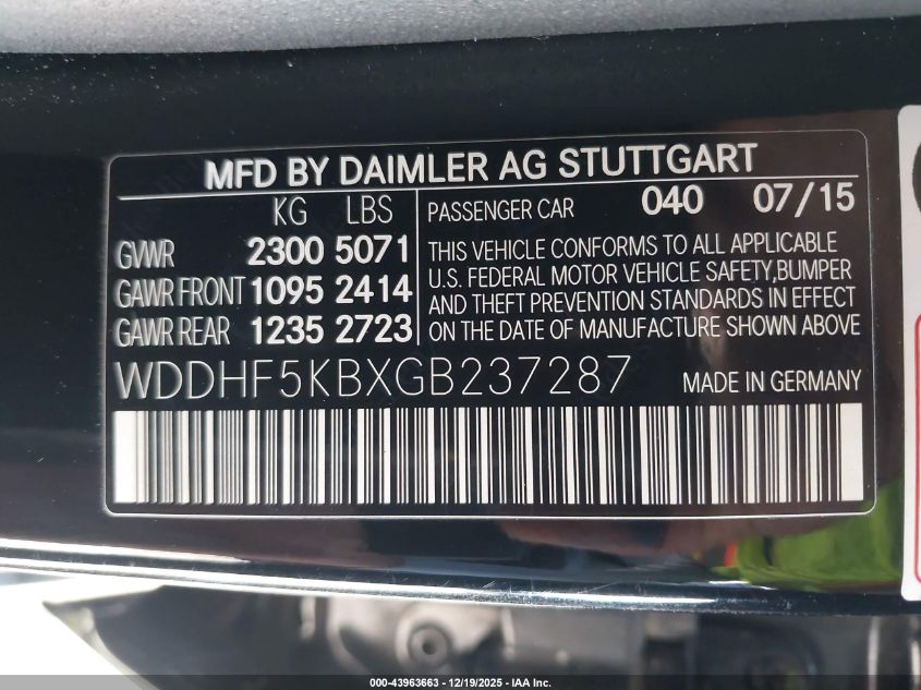 2016 Mercedes-Benz E 350 VIN: WDDHF5KBXGB237287 Lot: 43963663