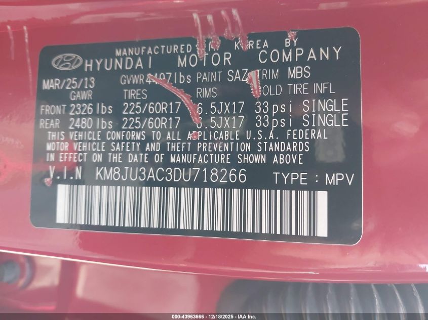 2013 Hyundai Tucson Gls VIN: KM8JU3AC3DU718266 Lot: 43963666