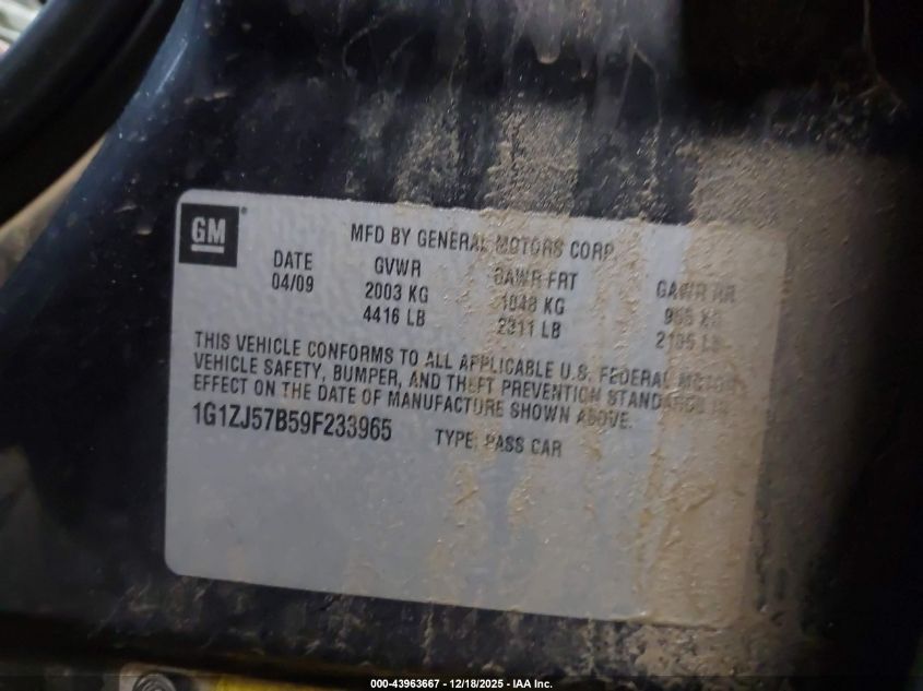 2009 Chevrolet Malibu Lt VIN: 1G1ZJ57B59F233965 Lot: 43963667