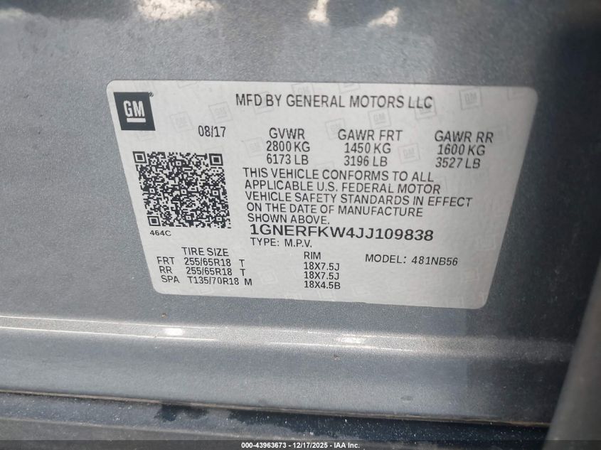 2018 Chevrolet Traverse Ls VIN: 1GNERFKW4JJ109838 Lot: 43963673