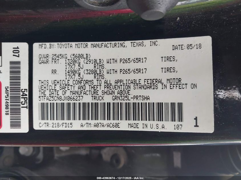 2018 Toyota Tacoma Trd Sport VIN: 5TFAZ5CN8JX066237 Lot: 43963674