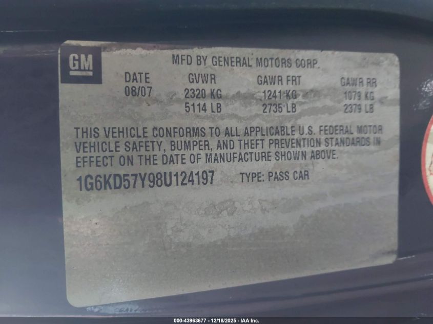 2008 Cadillac Dts 1Sd VIN: 1G6KD57Y98U124197 Lot: 43963677