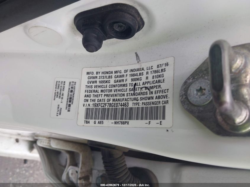 2016 Honda Civic Ex VIN: 19XFC2F78GE074463 Lot: 43963679