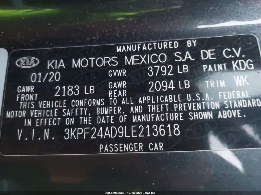 2020 Kia Forte Lxs VIN: 3KPF24AD9LE213618 Lot: 43963680