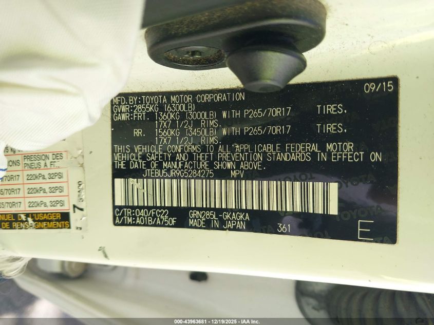 2016 Toyota 4Runner Trail VIN: JTEBU5JR9G5284275 Lot: 43963681