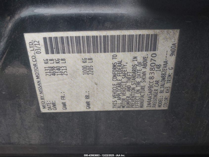 2012 Nissan Maxima 3.5 S VIN: 1N4AA5AP8CC838070 Lot: 43963683