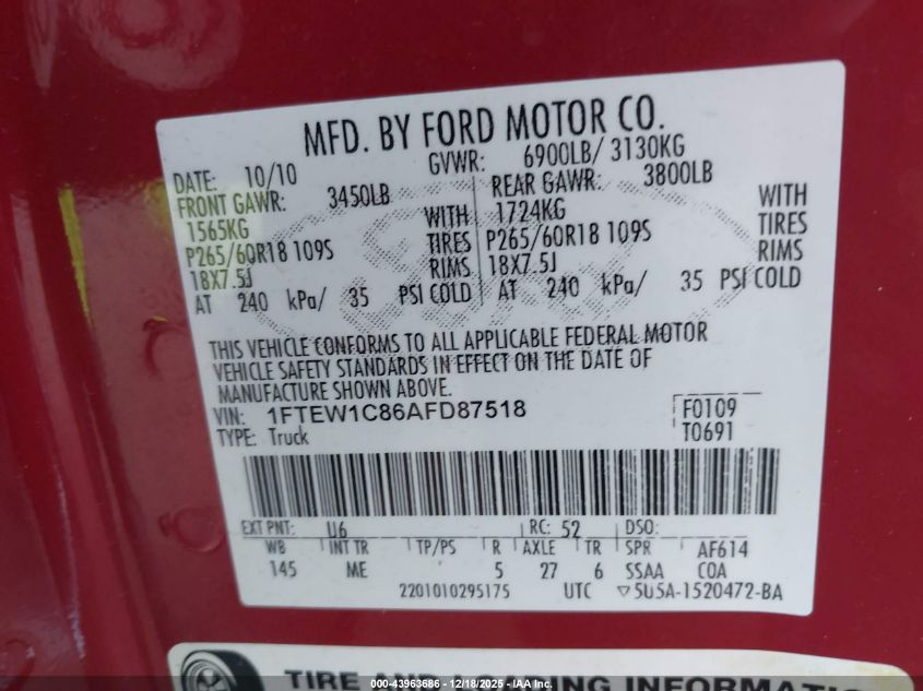 2010 Ford F-150 Fx2 Sport/Xl/Xlt VIN: 1FTEW1C86AFD87518 Lot: 43963686