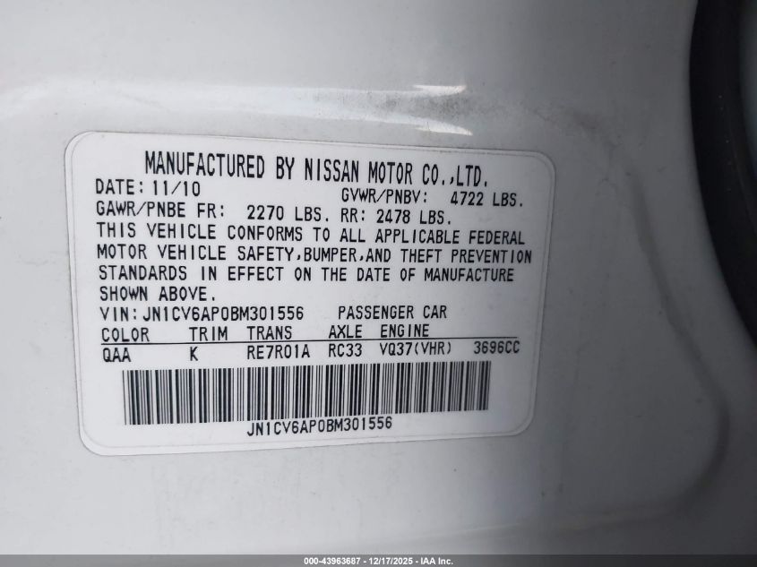 2011 Infiniti G37 Journey VIN: JN1CV6AP0BM301556 Lot: 43963687