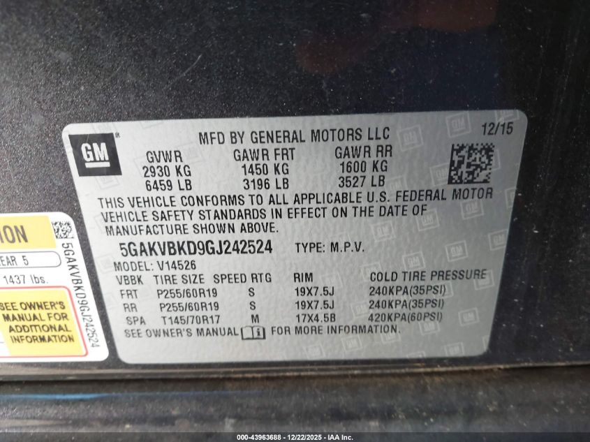 2016 Buick Enclave Leather VIN: 5GAKVBKD9GJ242524 Lot: 43963688