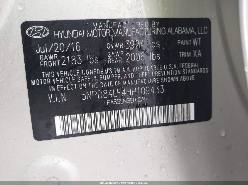 2017 Hyundai Elantra Se VIN: 5NPD84LF4HH109433 Lot: 43963697