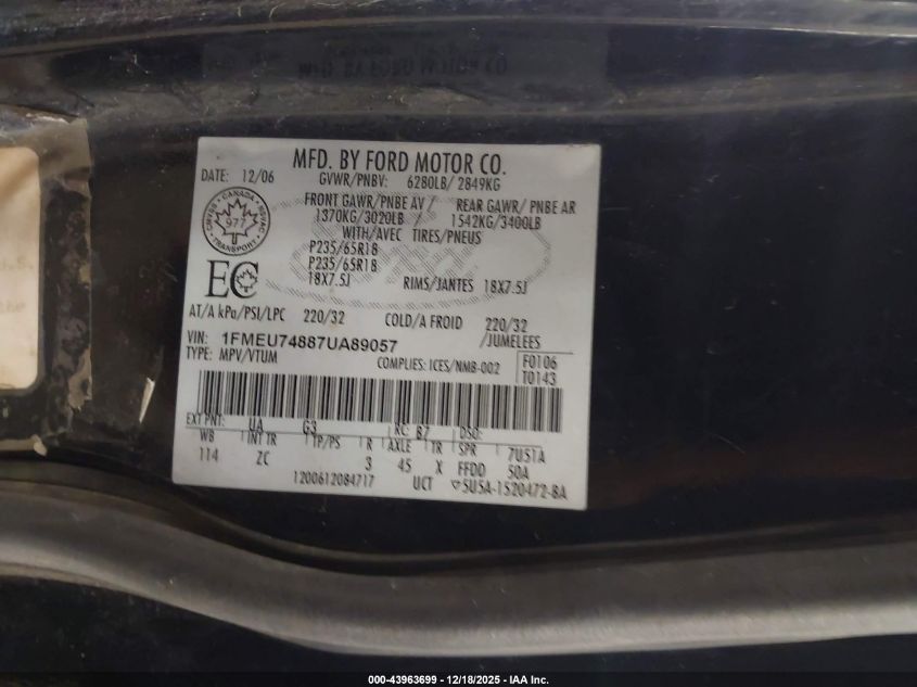 2007 Ford Explorer Eddie Bauer VIN: 1FMEU74887UA89057 Lot: 43963699