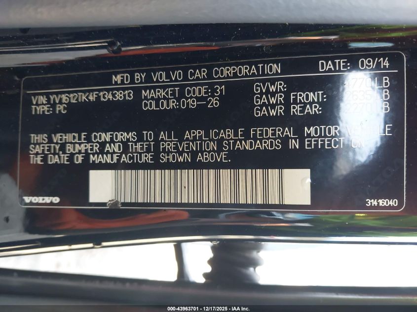 2015 Volvo S60 T5 Premier VIN: YV1612TK4F1343813 Lot: 43963701