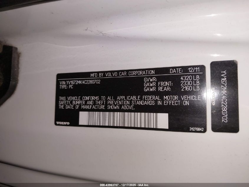 2012 Volvo C30 T5 VIN: YV1672MK4C2280702 Lot: 43963707