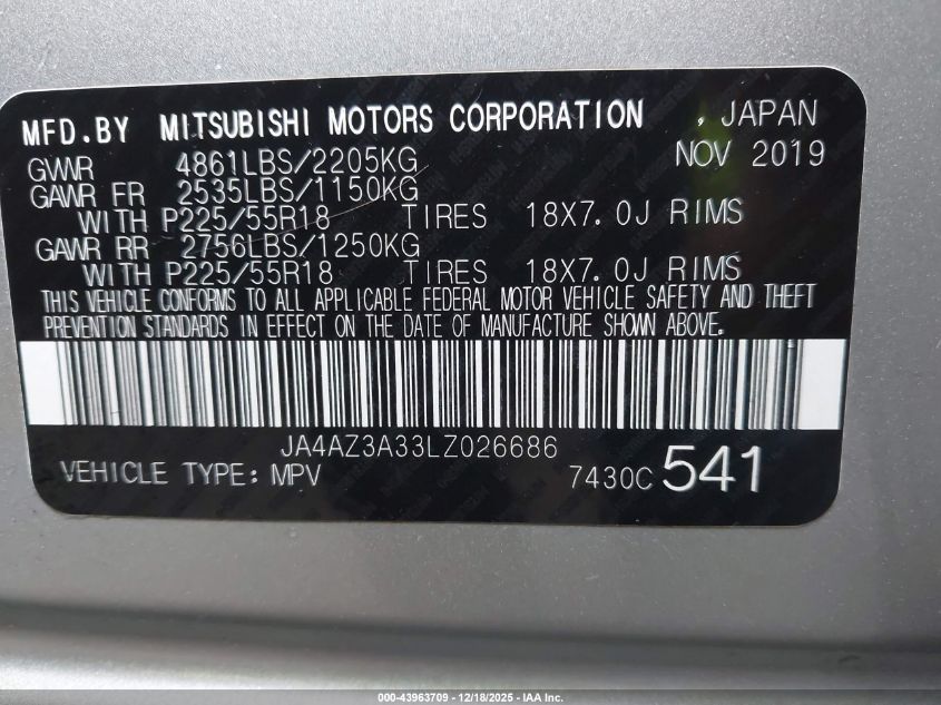 2020 Mitsubishi Outlander Es 2.4 S-Awc VIN: JA4AZ3A33LZ026686 Lot: 43963709