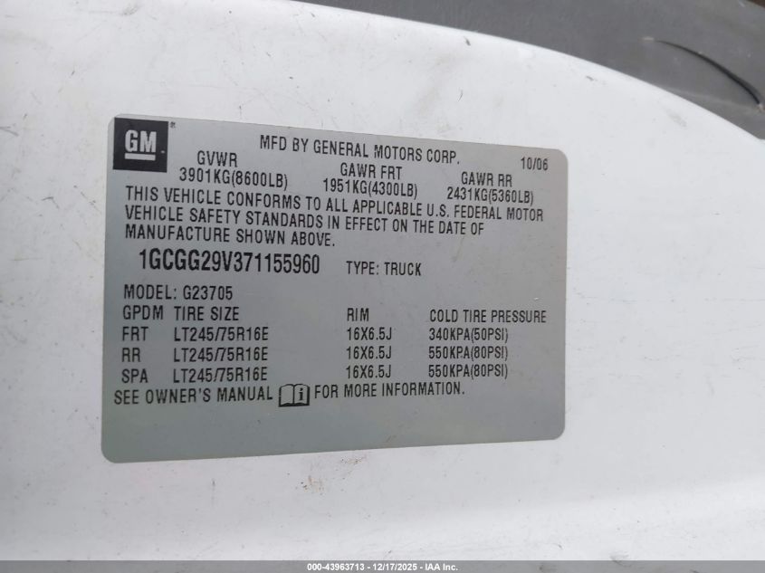 2007 Chevrolet Express Work Van VIN: 1GCGG29V371155960 Lot: 43963713