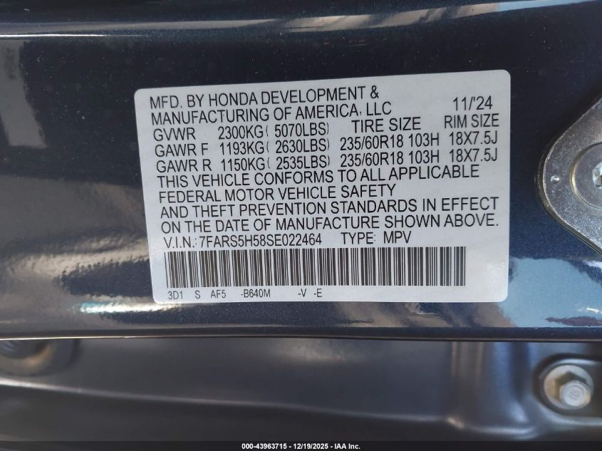 2025 Honda Cr-V Hybrid Sport VIN: 7FARS5H58SE022464 Lot: 43963715