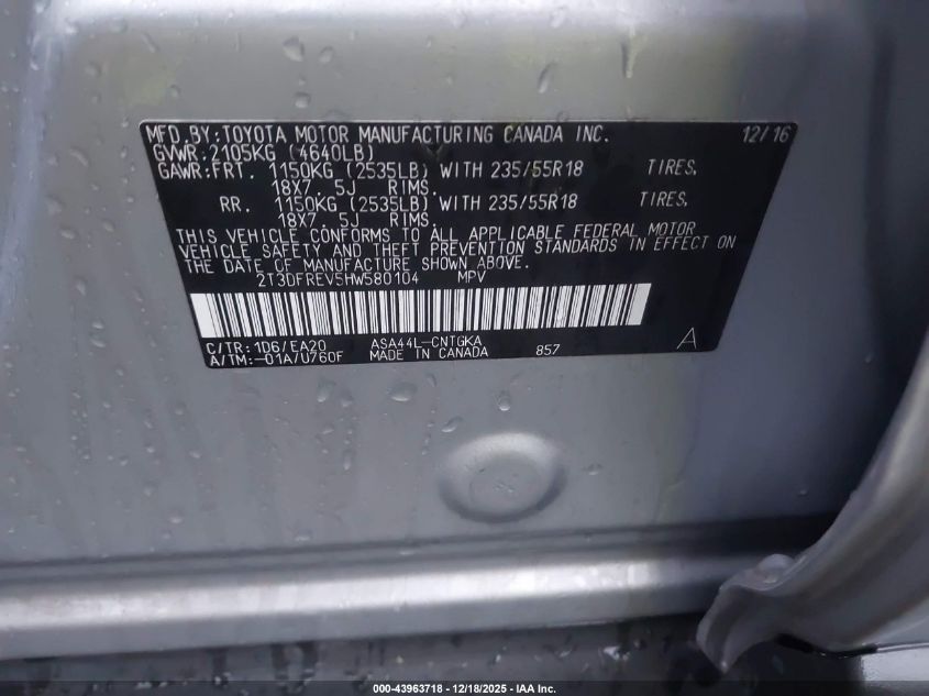 2017 Toyota Rav4 Limited VIN: 2T3DFREV5HW580104 Lot: 43963718