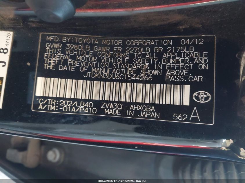 2012 Toyota Prius Four VIN: JTDKN3DU6C1544266 Lot: 43963717