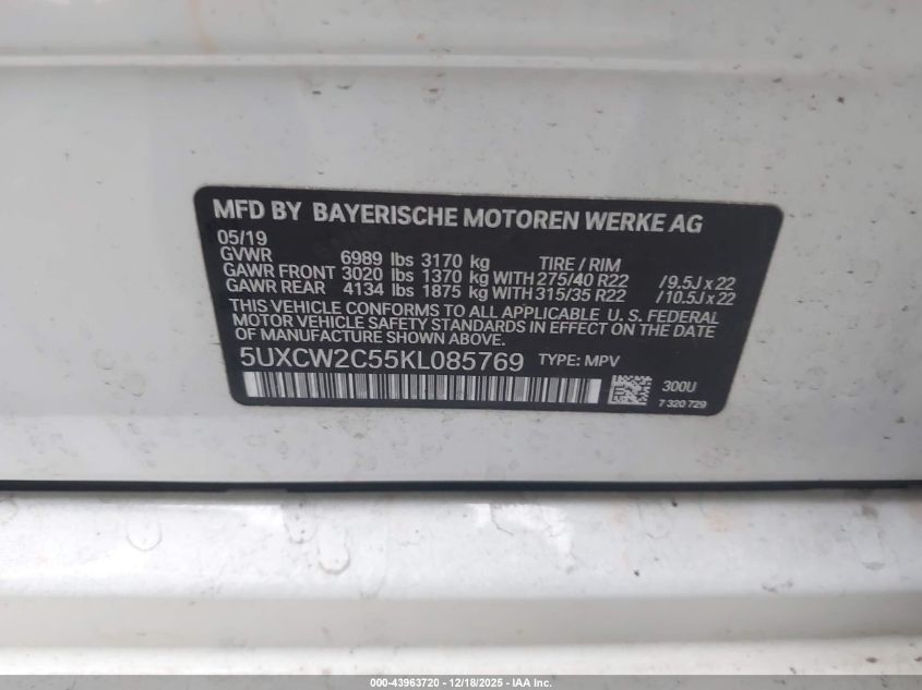 2019 BMW X7 xDrive40I VIN: 5UXCW2C55KL085769 Lot: 43963720