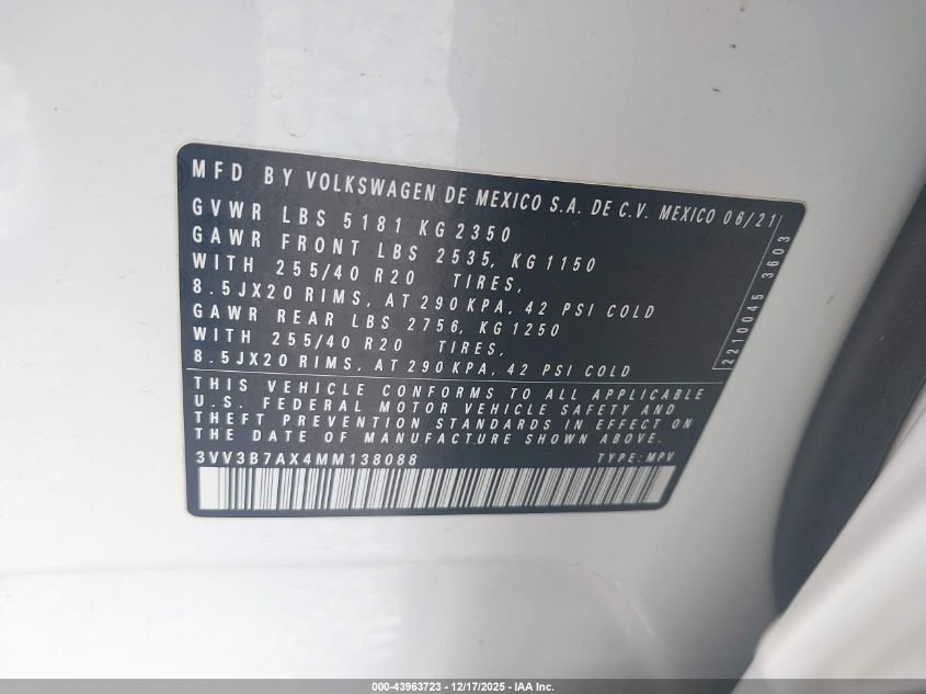 2021 Volkswagen Tiguan 2.0T Se/2.0T Se R-Line Black/2.0T Sel VIN: 3VV3B7AX4MM138088 Lot: 43963723