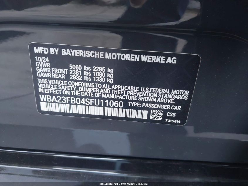 2025 BMW 430I Gran Coupe VIN: WBA23FB04SFU11060 Lot: 43963724