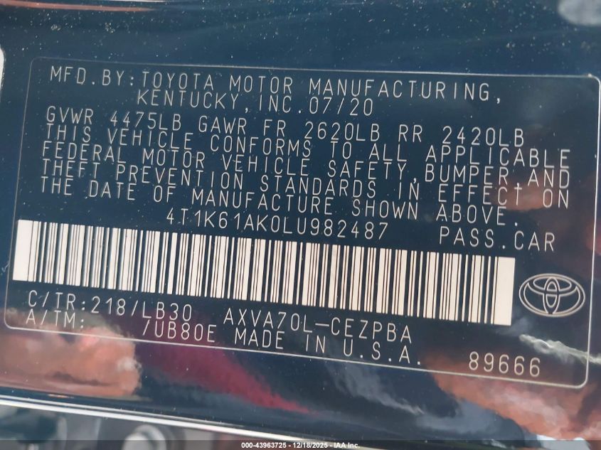 2020 Toyota Camry Xse VIN: 4T1K61AK0LU982487 Lot: 43963725