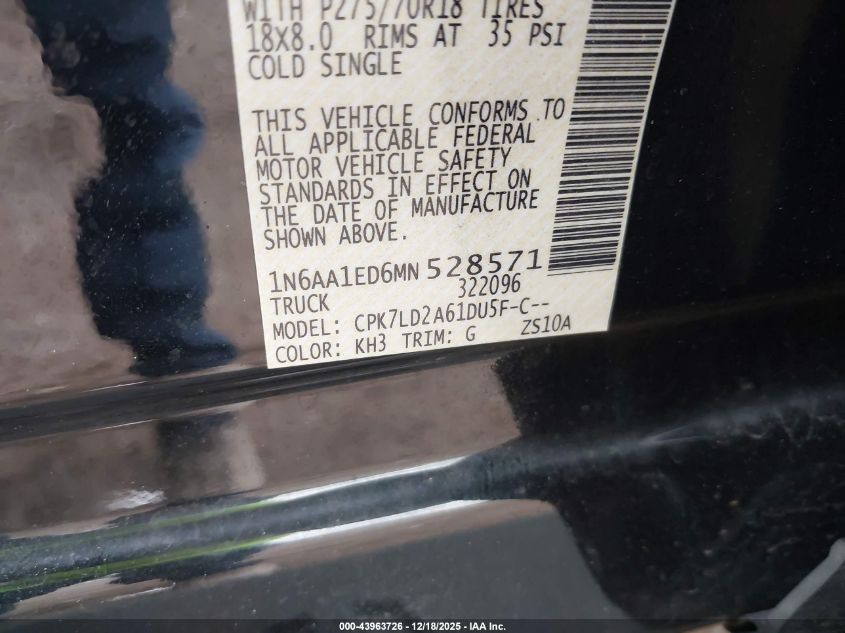 2021 Nissan Titan Pro-4X 4X4 VIN: 1N6AA1ED6MN528571 Lot: 43963726