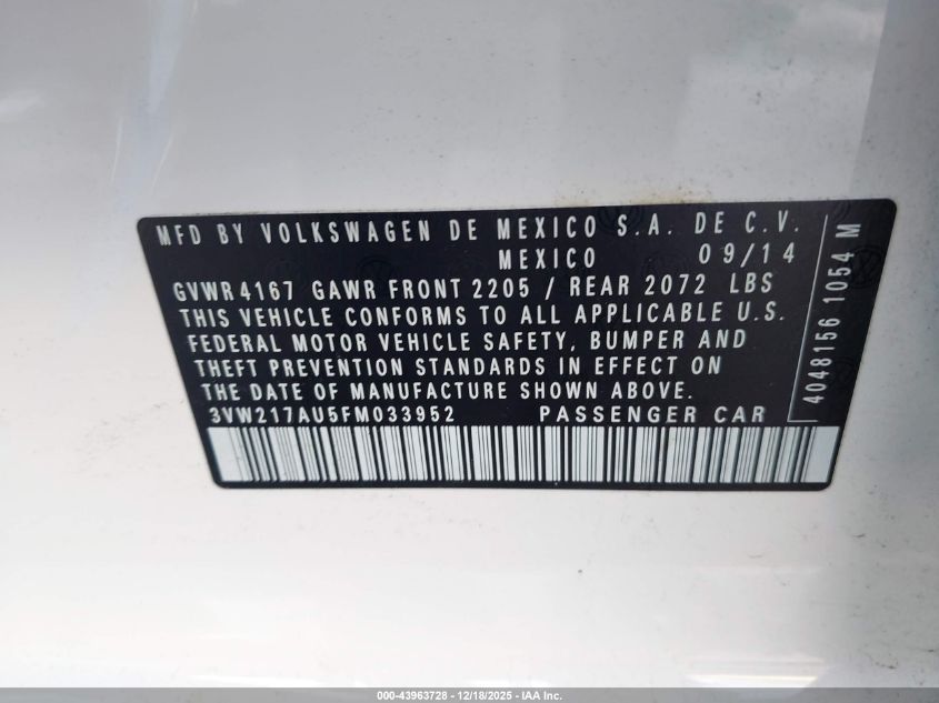 2015 Volkswagen Golf Tsi S 4-Door VIN: 3VW217AU5FM033952 Lot: 43963728