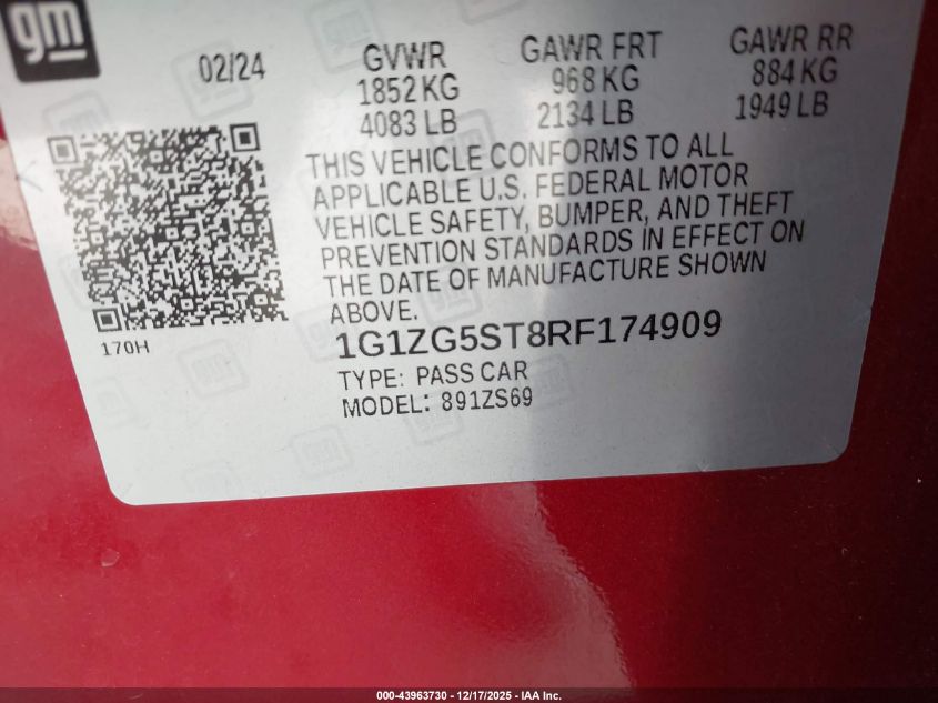 2024 Chevrolet Malibu Fwd Rs VIN: 1G1ZG5ST8RF174909 Lot: 43963730