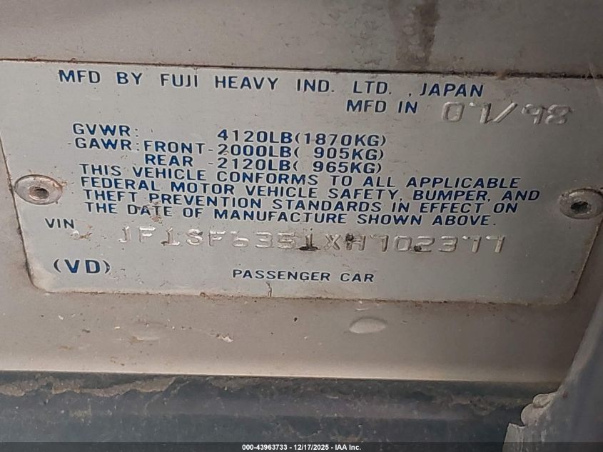 1999 Subaru Forester L VIN: JF1SF6351XH702377 Lot: 43963733