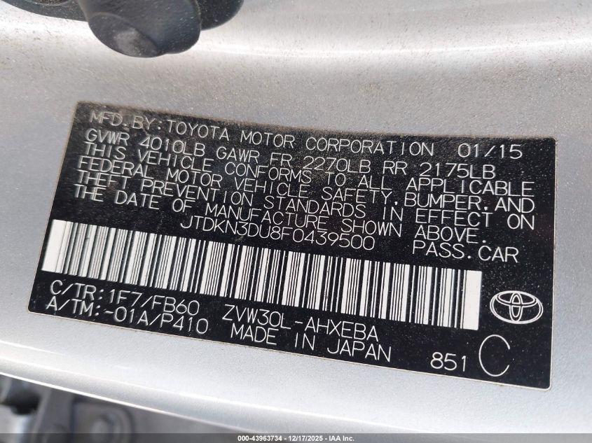 2015 Toyota Prius Two VIN: JTDKN3DU8F0439500 Lot: 43963734