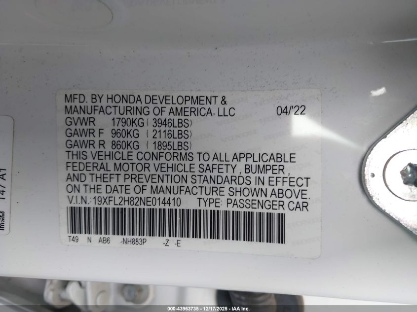2022 Honda Civic Sport VIN: 19XFL2H82NE014410 Lot: 43963735