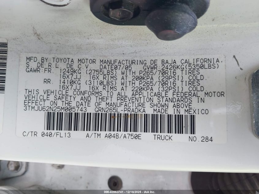 2005 Toyota Tacoma Prerunner V6 VIN: 3TMJU62N25M005743 Lot: 43963741