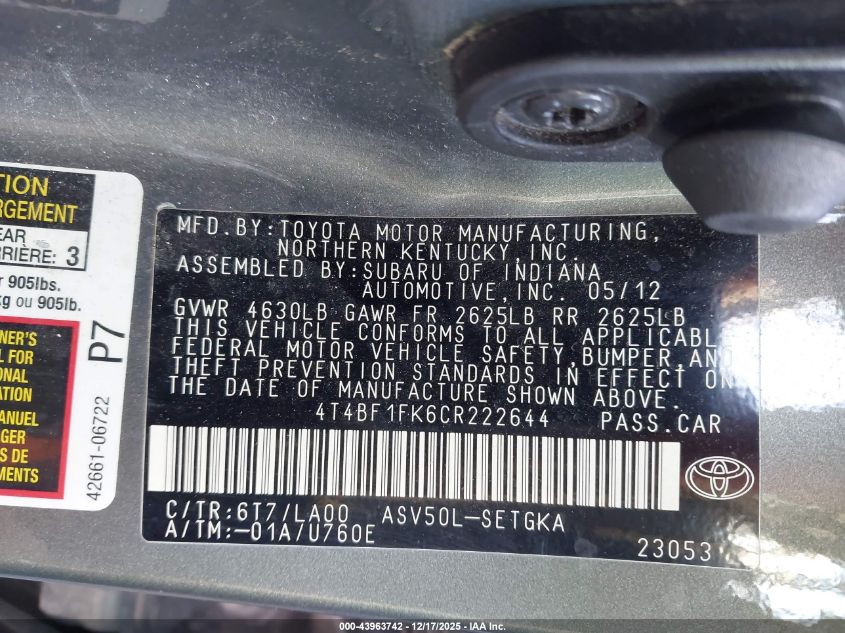 2012 Toyota Camry Xle VIN: 4T4BF1FK6CR222644 Lot: 43963742