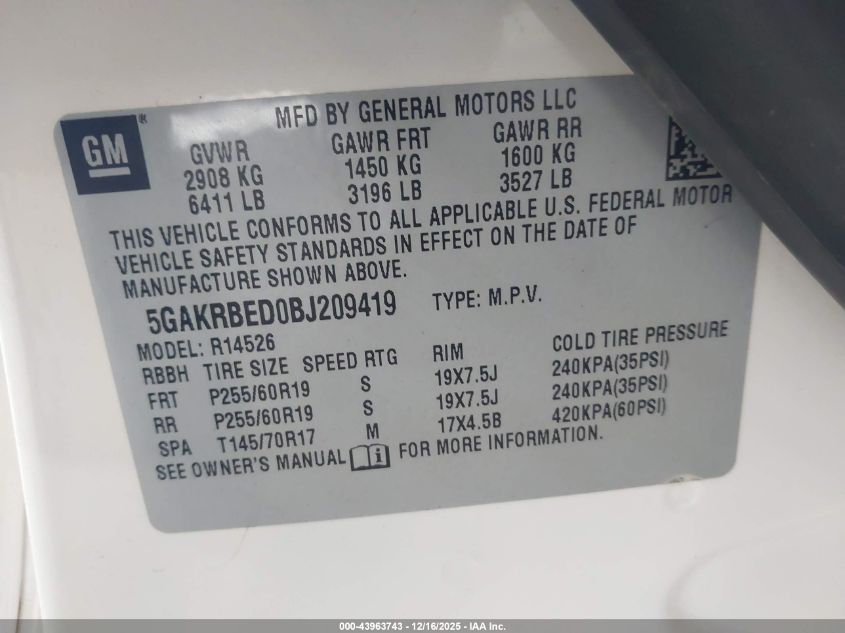 2011 Buick Enclave 1Xl VIN: 5GAKRBED0BJ209419 Lot: 43963743