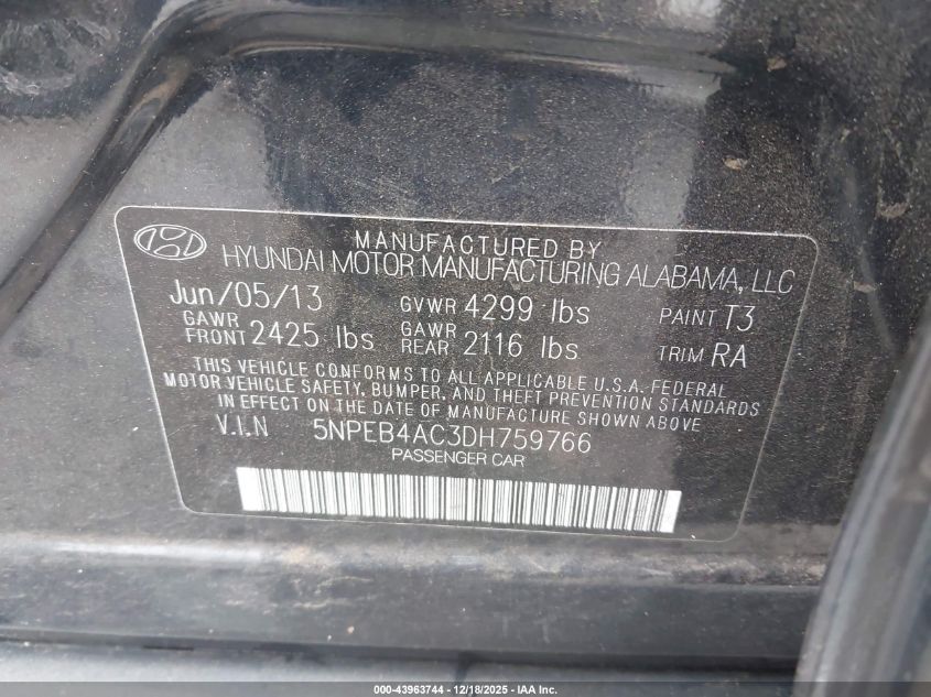 2013 Hyundai Sonata Gls VIN: 5NPEB4AC3DH759766 Lot: 43963744