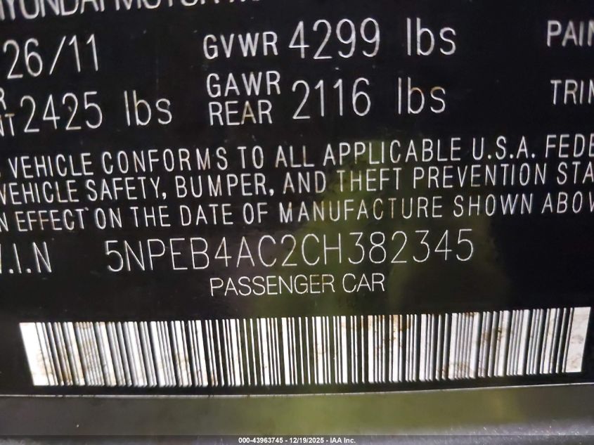 2012 Hyundai Sonata Gls VIN: 5NPEB4AC2CH382345 Lot: 43963745