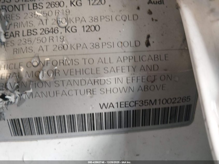 2021 Audi Q3 Premium Plus 45 Tfsi S Line Quattro Tiptronic VIN: WA1EECF35M1002265 Lot: 43963746