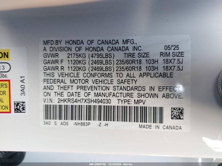 2025 Honda Cr-V Ex-L Awd VIN: 2HKRS4H7XSH494030 Lot: 43963748